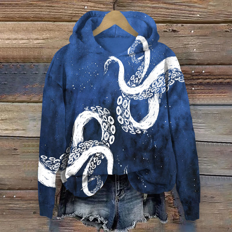 Kraken Octopus Tentacles Abstract Art Print Long Sleeve Hoodie - Dark Blue - 8XL - image 3