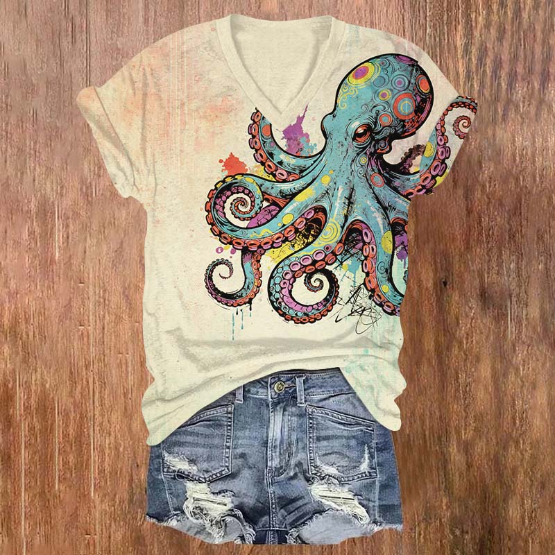 Colorful Geometric Octopus Art Print V-neck T-shirt - Apricot - US32-34(5XL) - image 4