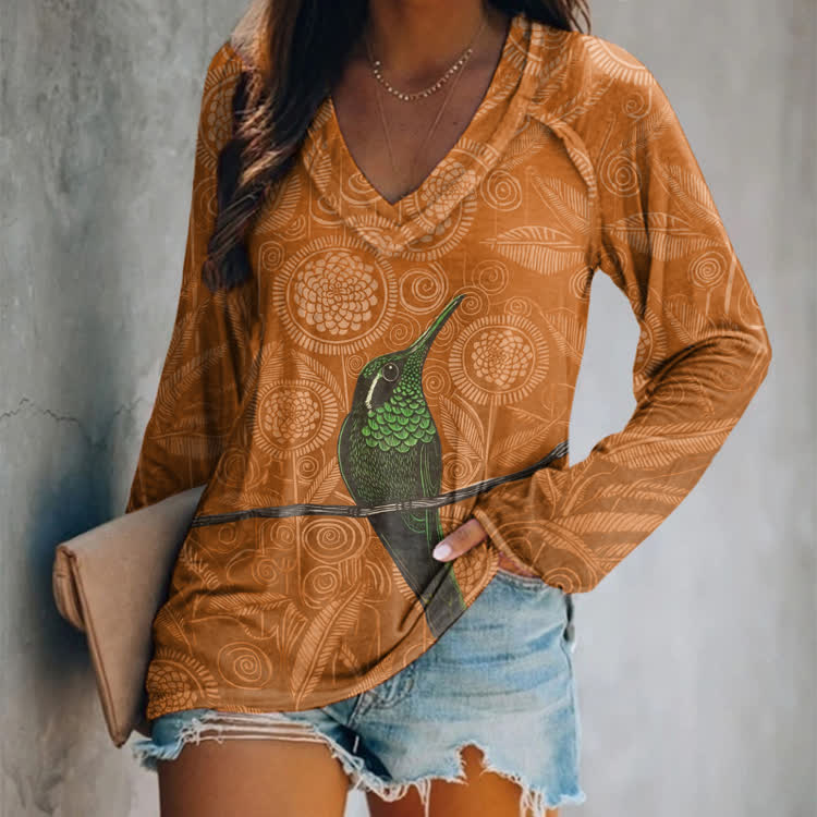 Vintage Geometric Flowers And Birds Pattern Print V-neck Long Sleeve T-shirt - Orange - US 24 (5XL) - image 4