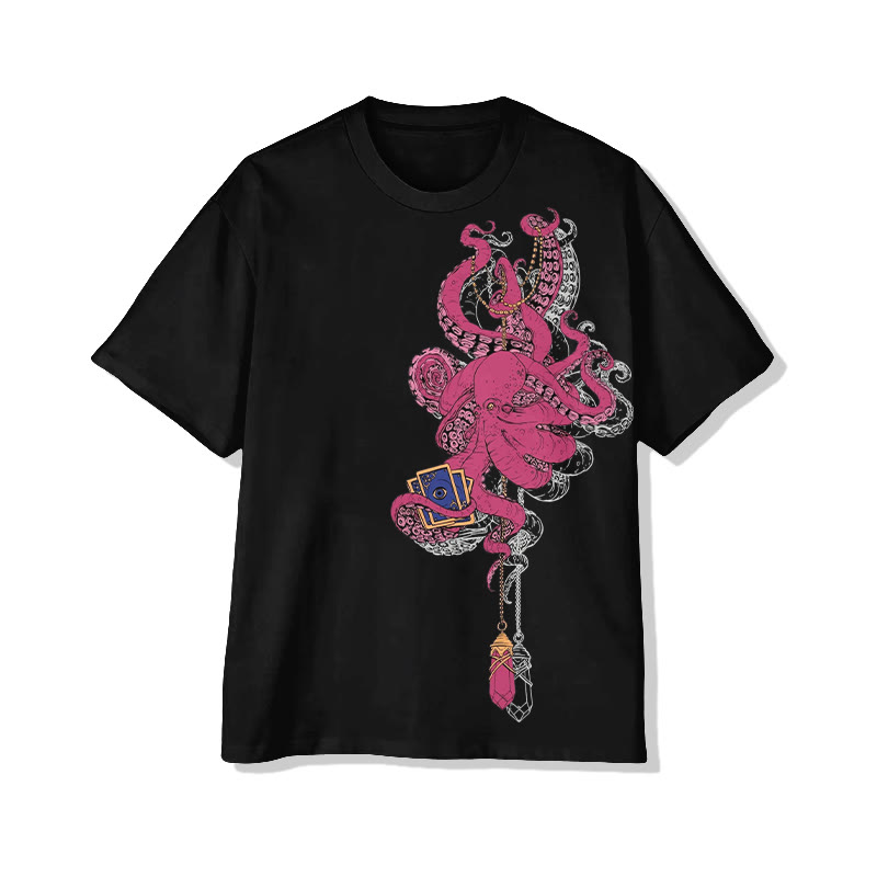 Unisex Japanese Tarot Crystal Octopus Art Pattern Cotton Print T-shirt - Black - US20-22(3XL) - image 3