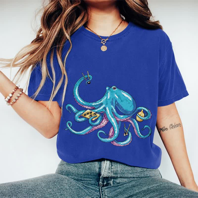100% Cotton Japanese Creative Octopus Holding Sushi Art T-shirt - Royal Blue - 2XL - image 2