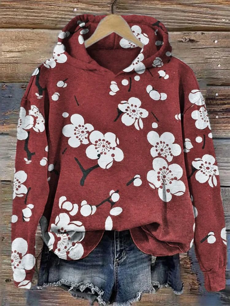 Dashingsoul Plum Blossom Japanese Lino Art Cozy Hoodie