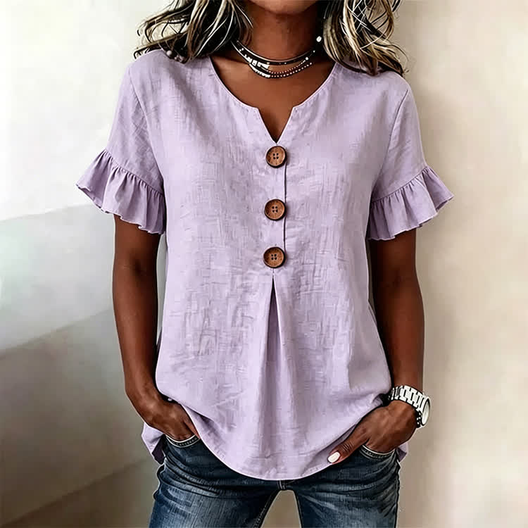 Solid Button Short Ruffle Sleeves V-neck Blouse - Light Purple - US32-34(5XL) - image 9