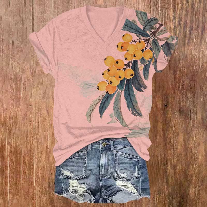 Japanese Watercolor Persimmon Art Print V-neck T-shirt - Pink - US32-34(5XL) - image 4