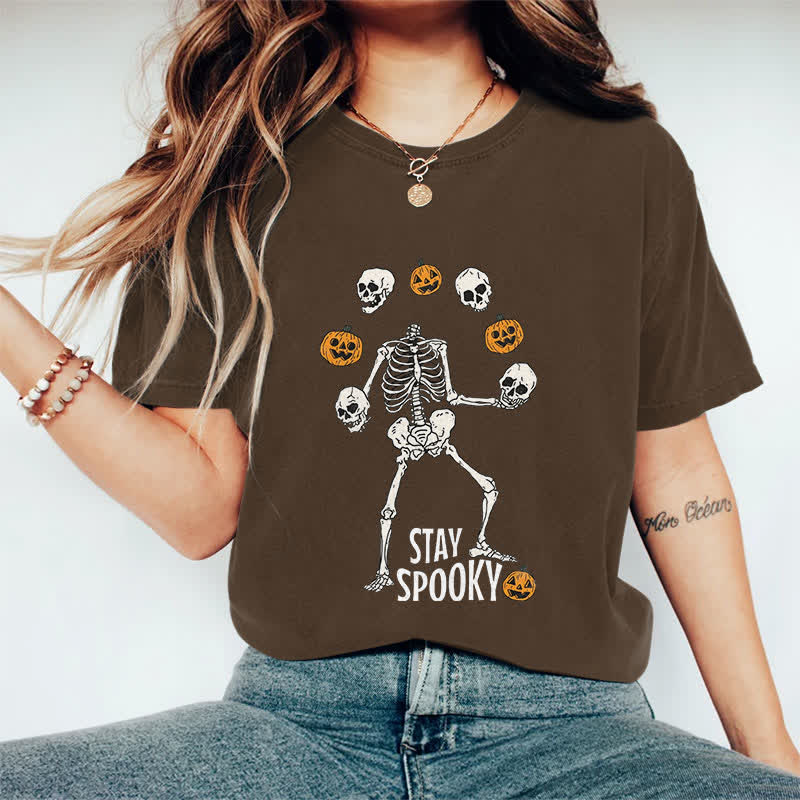 100% Cotton Women's Halloween Funny Stay Spooky Art Print Casual T-shirt - Coffee - 2XL - image 2