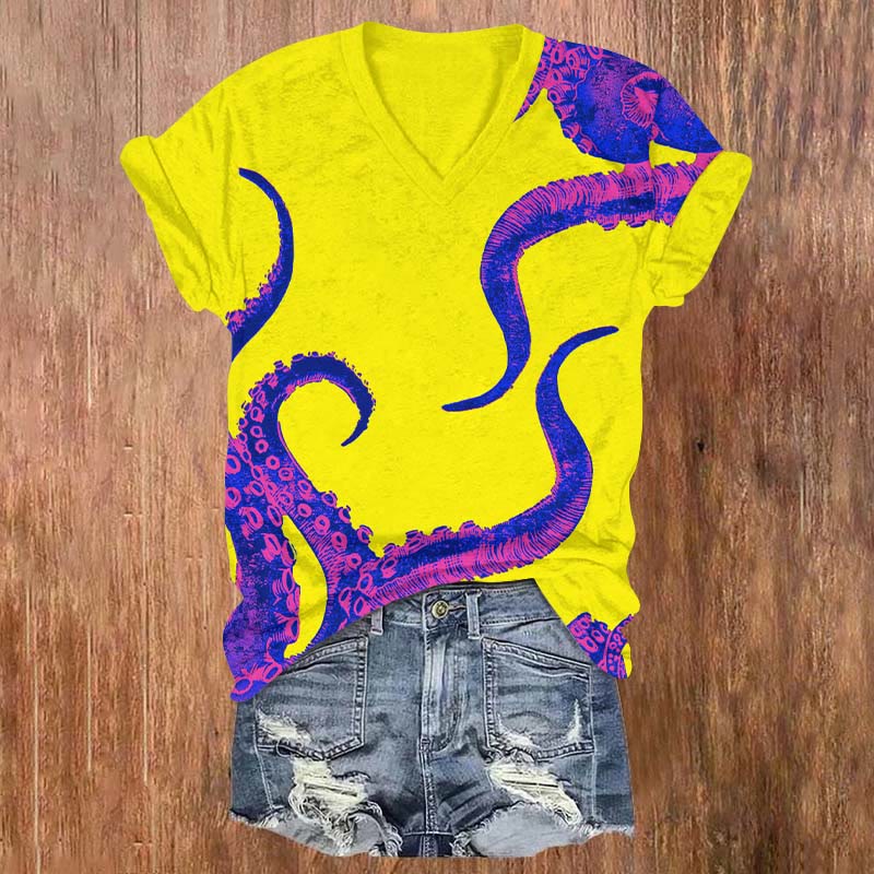 Watercolor Octopus Tentacles Art T-shirt - Yellow - US32-34(5XL) - image 2