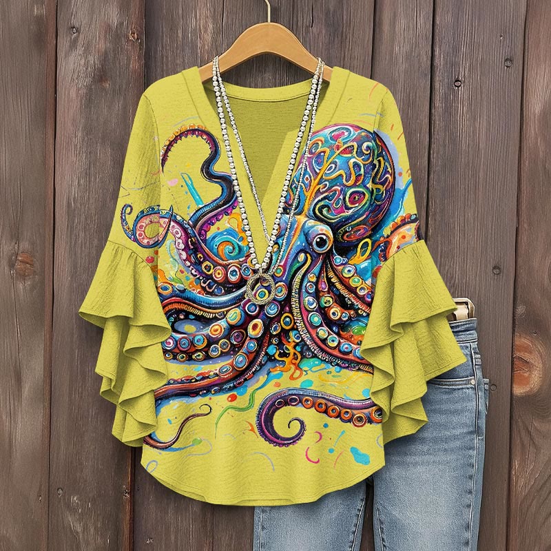 Vintage Rainbow Octopus Art Print V-neck Half Sleeve Blouse - Yellow - 5XL - image 5
