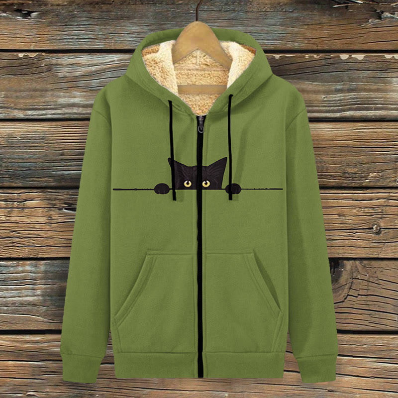 Women's Funny Peeping Little Cat Art Fleece Jacket - Green - 4XL - image 5