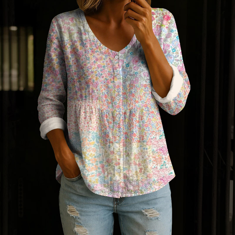 Colorful Floral Art Print Button V-neck A-line Long Sleeve Blouse - Multicolor - 4XL - image 1