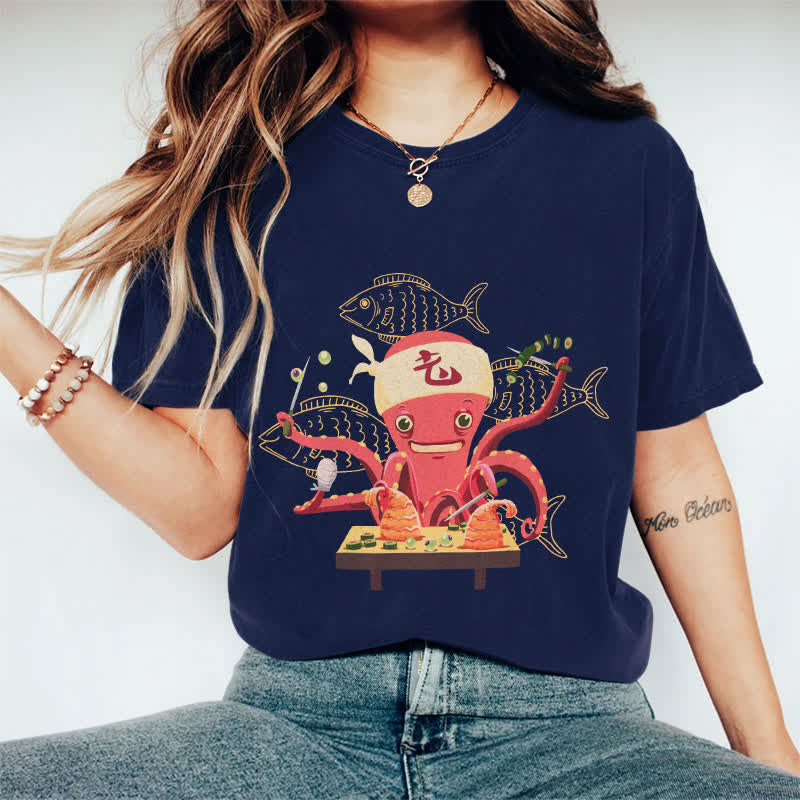 100% Cotton Japanese Octopus Making Sushi Art T-shirt - Dark Blue - 2XL - image 4