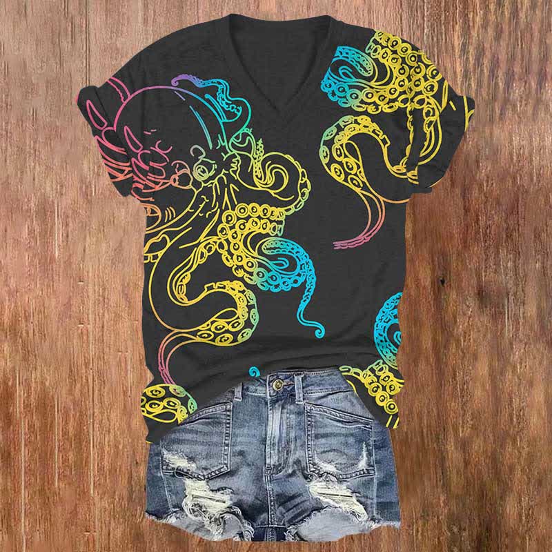 Japanese Abstract Color Painting Octopus Art Print V-neck T-shirt - Black - US32-34(5XL) - image 5