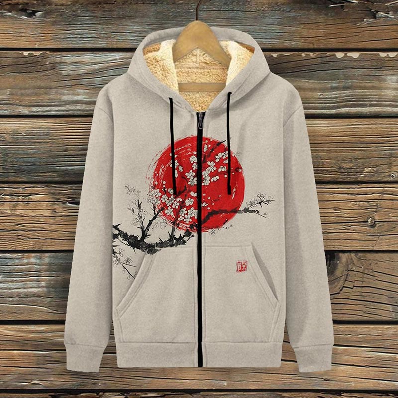 Sunrise Plum Blossom Japanese Art Print Fleece Jacket - Khaki - 4XL - image 1
