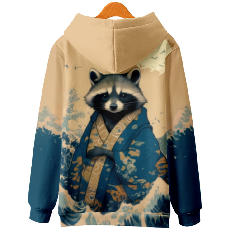 Women's Japanese Funny Kimono Raccoon Print Long Sleeve Hoodie - image 2