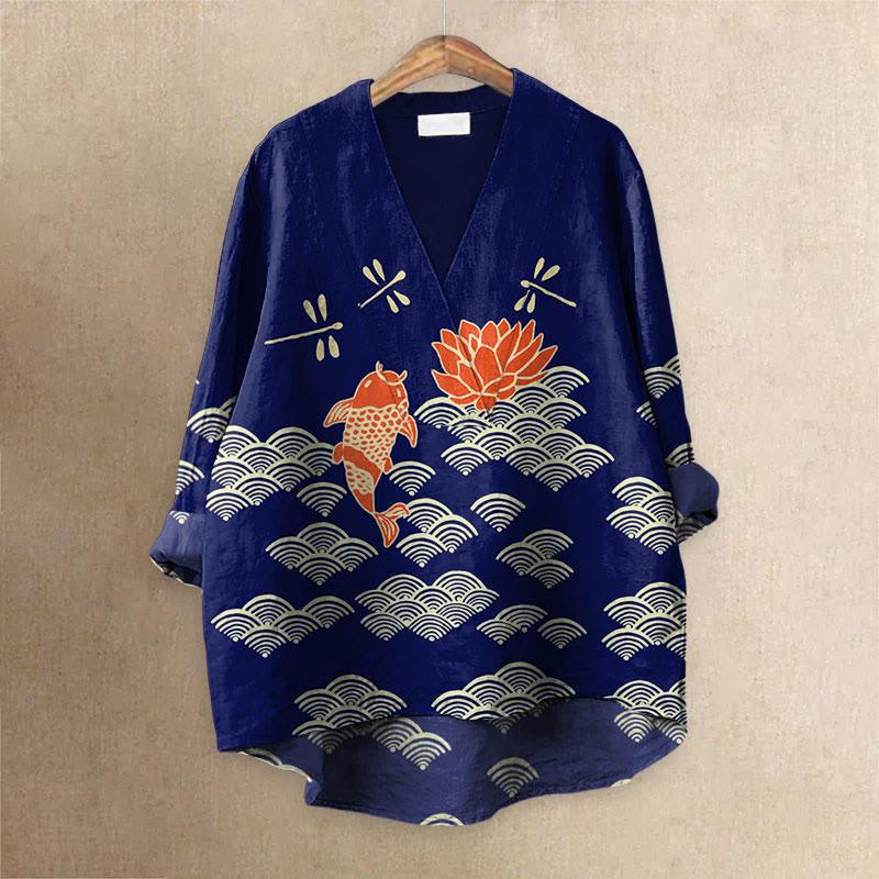 Japanese Style Koi Fish Dragonfly Wave Art Printed Casual V-neck Blouse - Royal Blue - 6XL - image 6