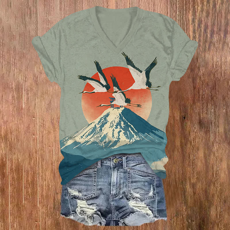 Japanese Sunrise Mount Fuji & Cranes Art Print V-neck T-shirt - Green - US32-34(5XL) - image 2