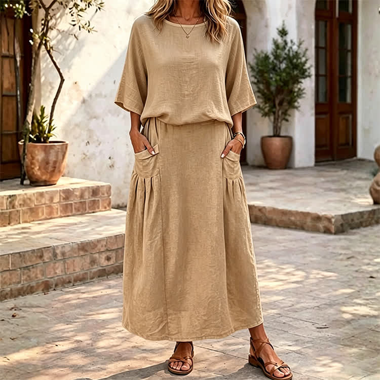 Elegant Solid Print 3/4 Sleeve Casual Blouse & Solid Pocket Skirt Set - Khaki - 4XL - image 3