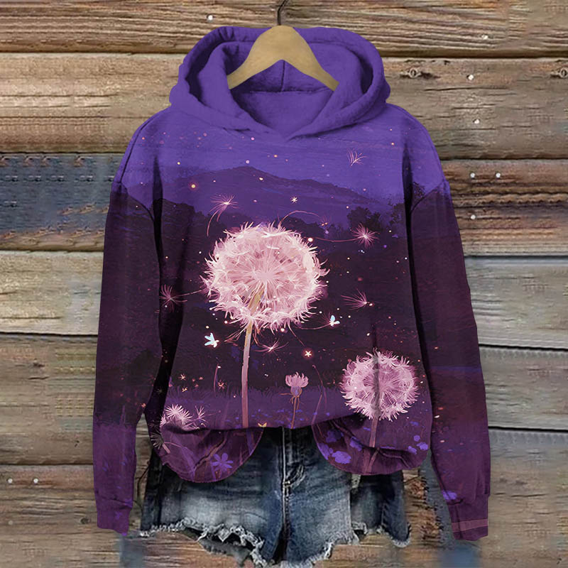 Oil Painting Starry Night Dandelion Print Long Sleeve Hoodie - Purple - US44-46(8XL) - image 2