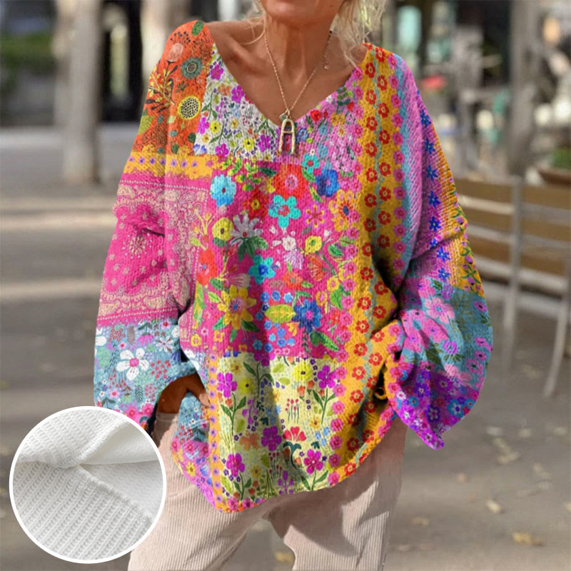 Bohemian Patchwork Cute Flower Print V-neck Pullover Sweater - image 2