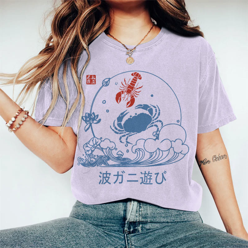 100% Cotton Women's Japanese Vintage Lobster & Crab Art Print Casual T-shirt - Purple - 2XL - image 3