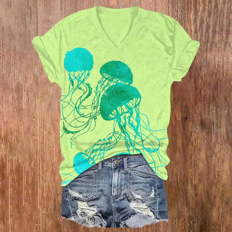 Watercolor Jellyfish Graphic Ocean Print V-neck T-shirt - Light Green - US32-34(5XL) - image 2