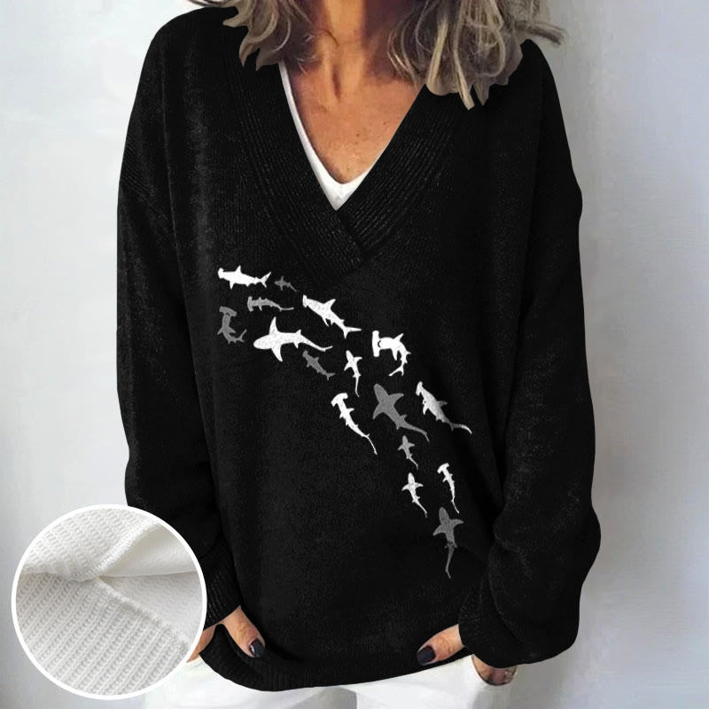 Shark Print Causal V-neck Pullover Sweater - image 4