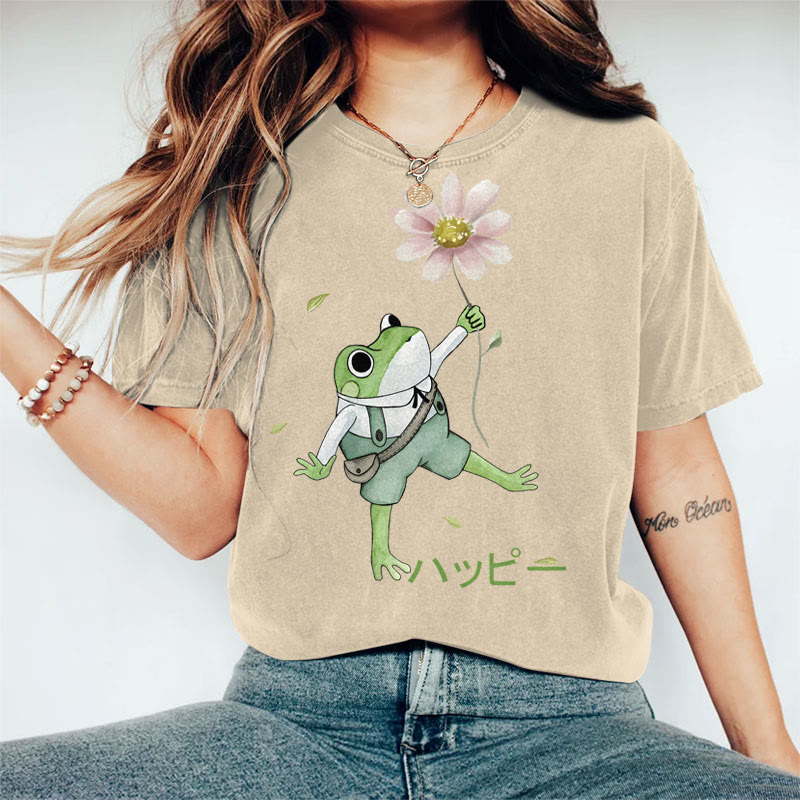 100% Cotton Women's Japanese Lovely Frog Holding Flower Art Print Casual T-shirt - Purple - 2XL - image 4