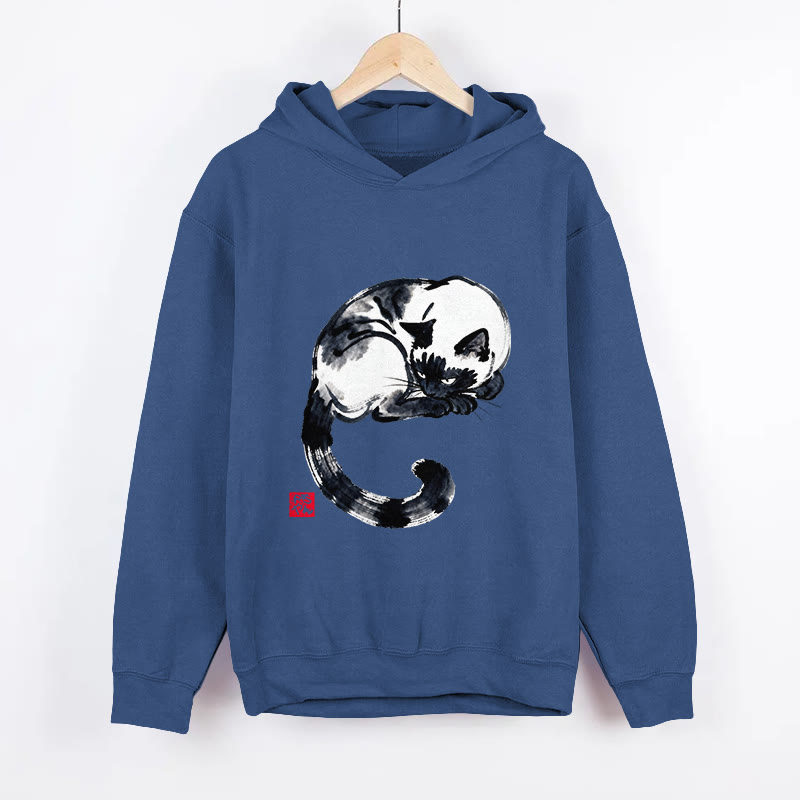 Unisex Ink Painting Cat Pattern Long Sleeved Hoodie - Dark Blue - US44-46(8XL) - image 4