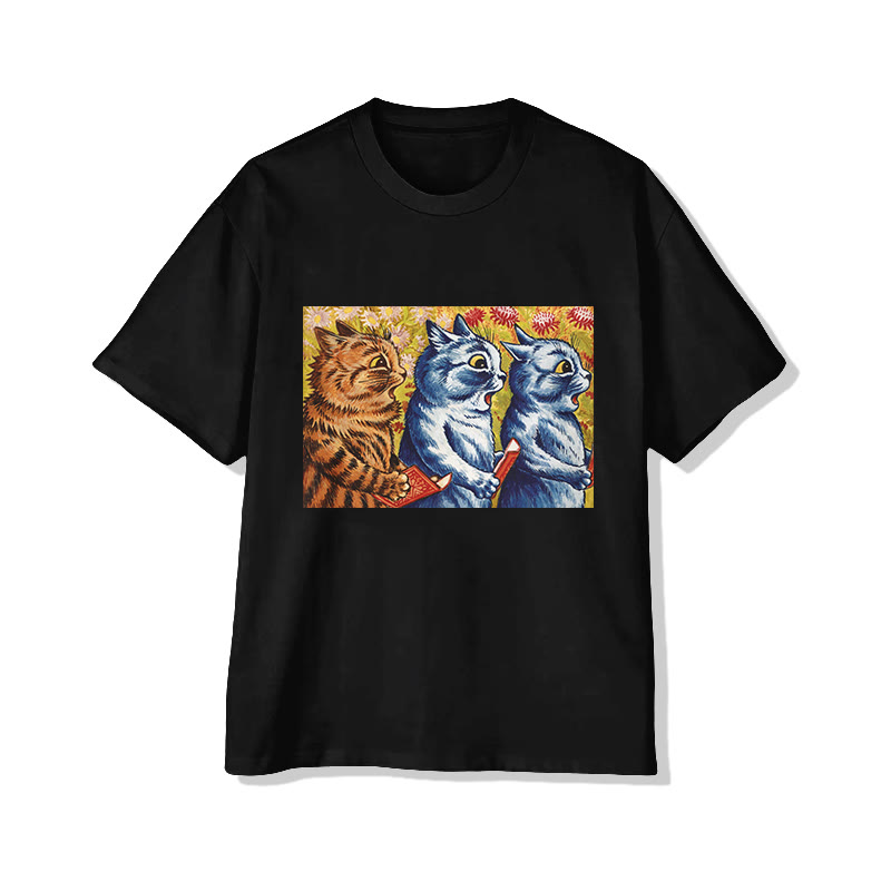 Three Cats Print Short Sleeved Crew Neck T-shirt - Black - 2XL - image 4