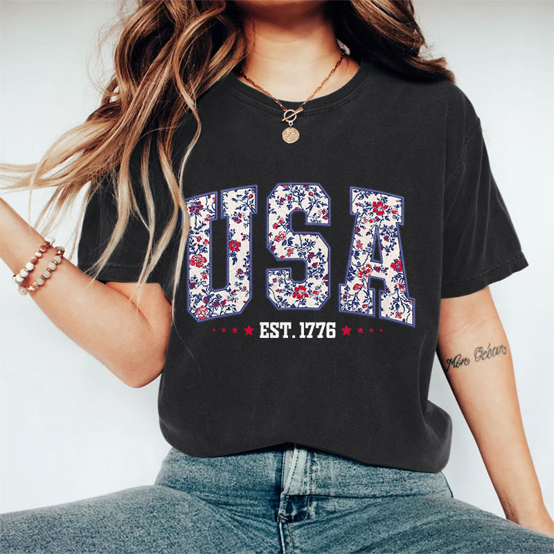 100% Cotton Women's Floral USA Art Print Casual T-Shirt - Black - 2XL - image 3