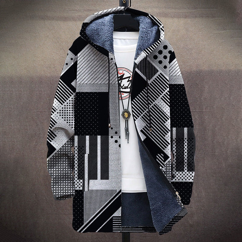 Gray, White And Black Geometric Pattern Print Unisex Plush Thick Long-sleeved Fleece Jacket Coat - image 2