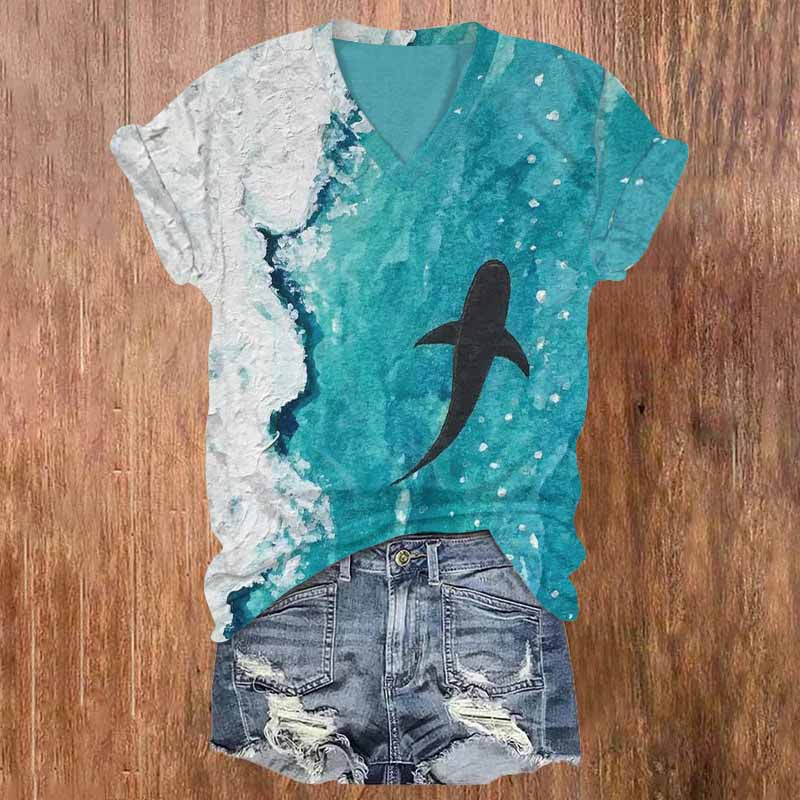 Oil Painting Shark Silhouette Pattern T-shirt - Lake Blue - 5XL - image 1