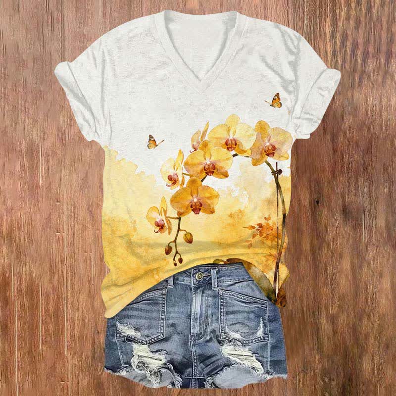 Vintage Yellow Phalaenopsis Art Print V-neck T-shirt - White - US32-34(5XL) - image 6