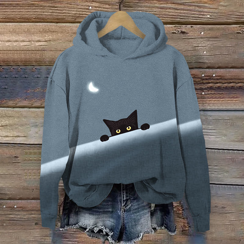 Black Cat Colorblock Art Print Long Sleeve Hoodie - Blue - 8XL - image 2