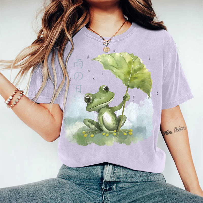 100% Cotton Women's Japanese Raining Day's Frog Art Print Casual T-shirt - Purple - 2XL - image 2