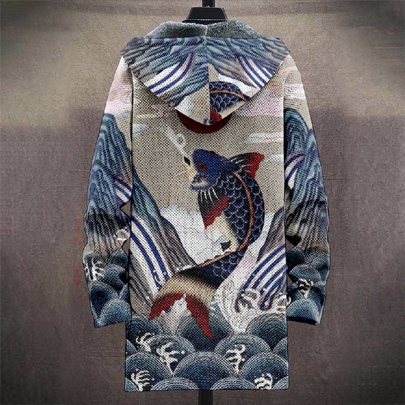 Japanese Abstract Wave ＆ Koi Fish Print Unisex Plush Thick Long-sleeved Fleece Jacket Coat - image 4