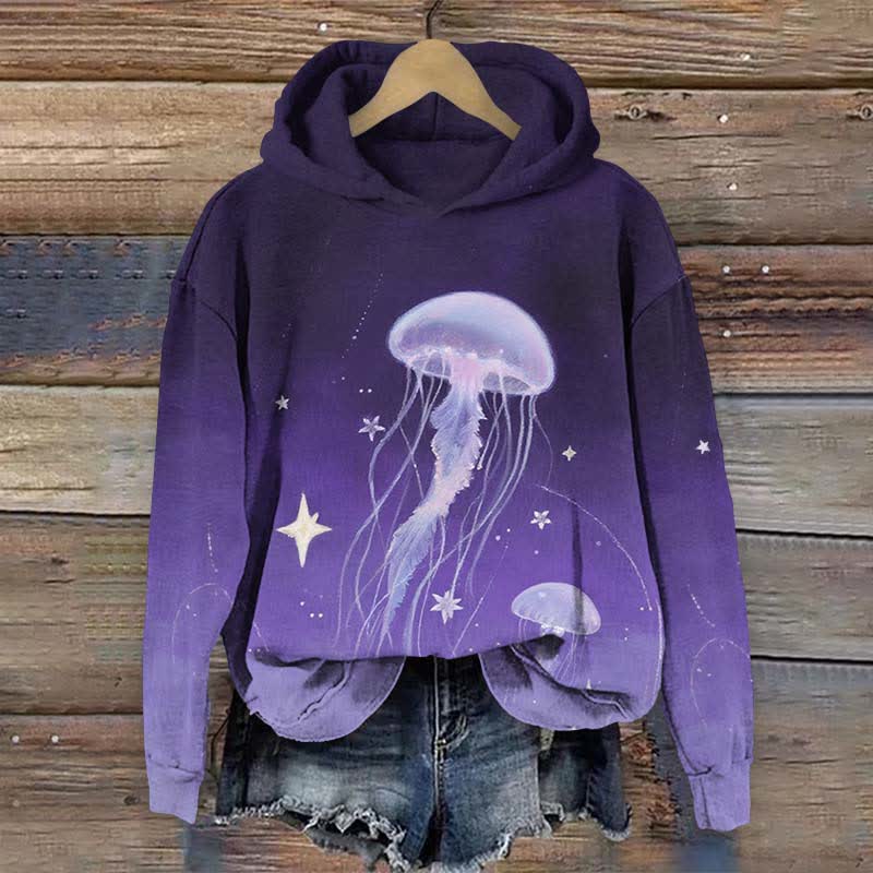Japanese Fantasy Starry Jellyfish Art Print Long Sleeve Hoodie - Purple - US44-46(8XL) - image 2