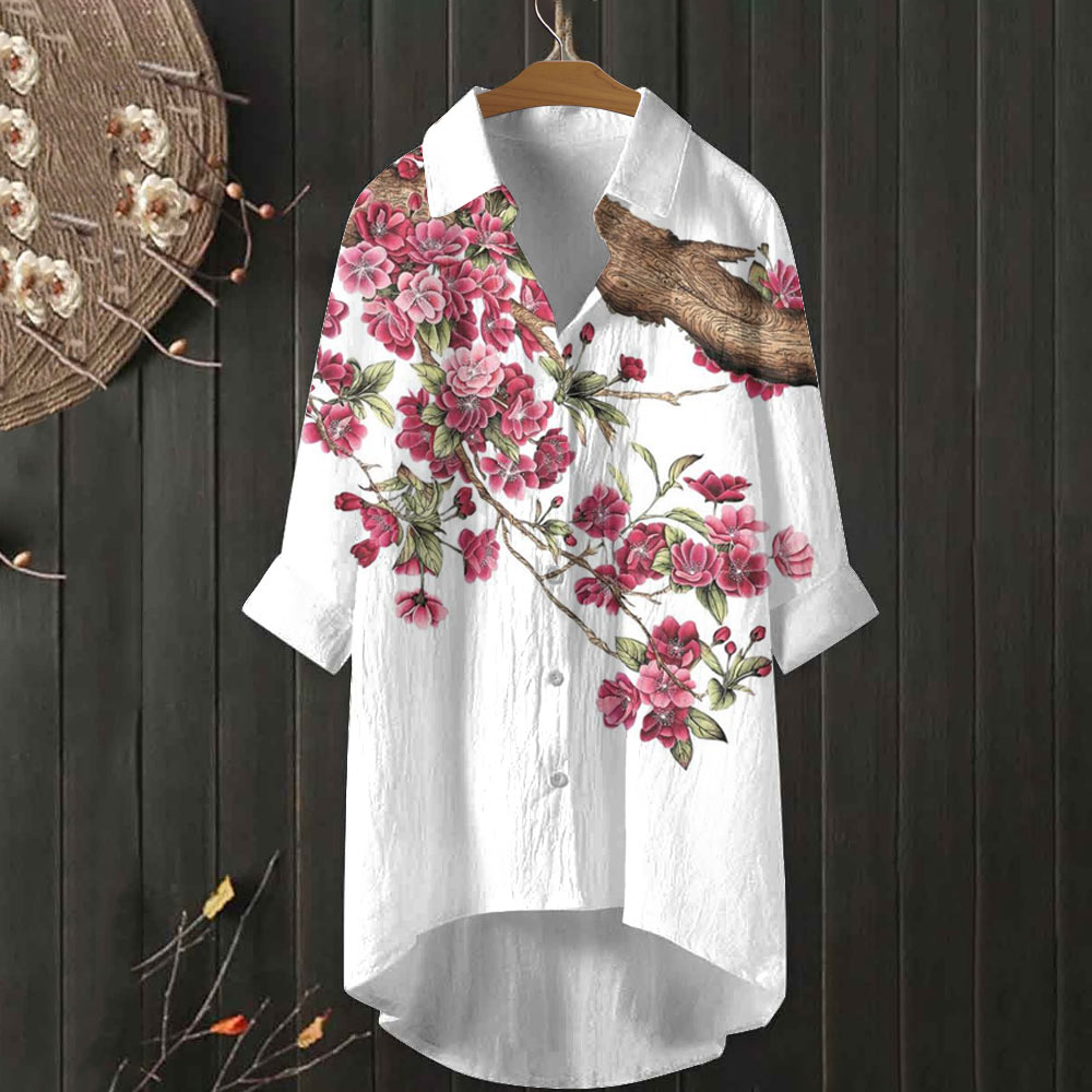 Vintage Plum Blossom Print Casual Shirt 