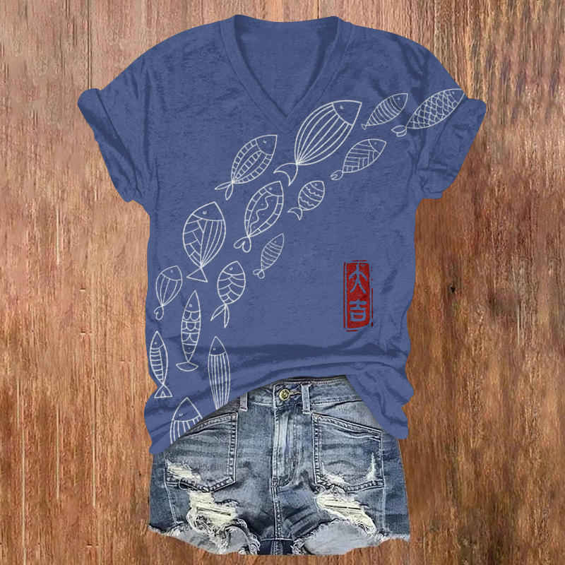 Japanese-style Simple Fish Swimming Upstream Printed Short Sleeved V-neck T-shirt - Dark Blue - US32-34(5XL) - image 1