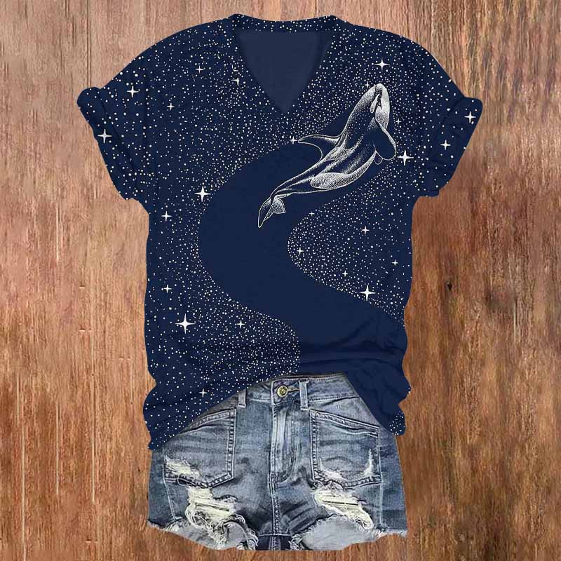 Creative Starry Sky Dolphin Print T-shirt - Blue - 5XL - image 1