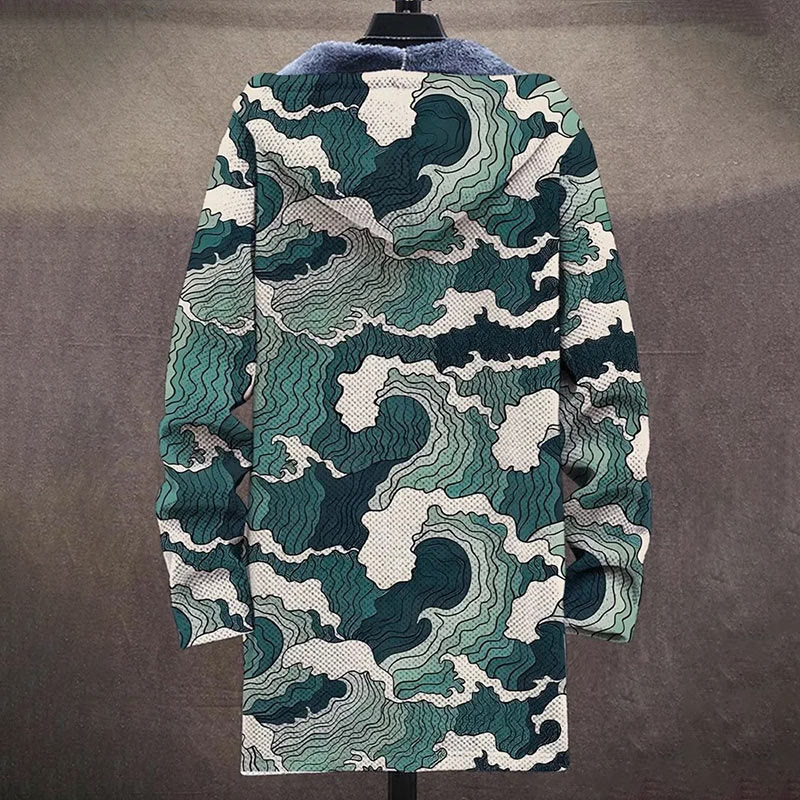 Ukiyo-e Waves Print Unisex Plush Thick Long-sleeved Fleece Jacket Coat - image 4
