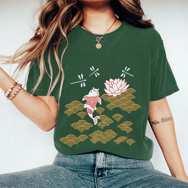 100% Cotton Women's Japanese Style Koi Fish Dragonfly Wave Art Print Casual T-shirt - Green - 2XL - image 4