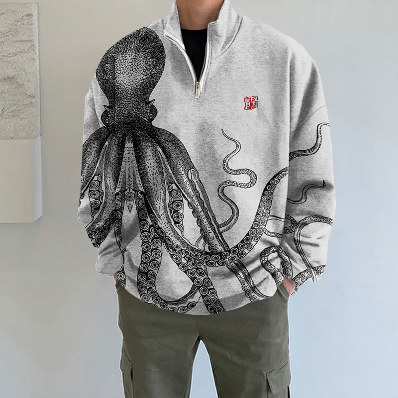 Japanese Art Octopus Print Long Sleeve Zipper Sweatshirt - Light Gray - 5XL - image 2