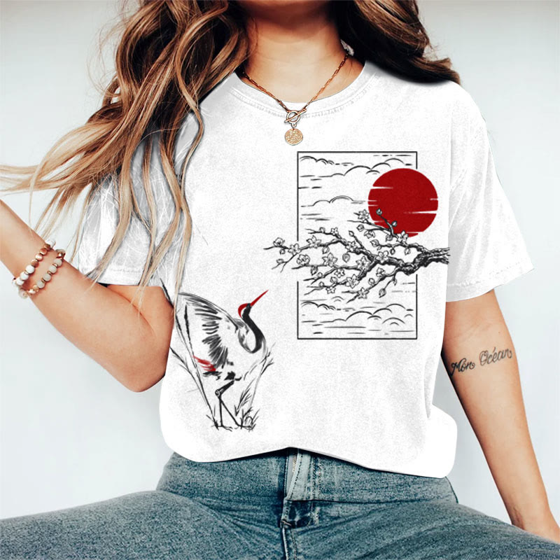100% Cotton Women's Japanese Sun & Crane Art Print Casual T-shirt - White - 2XL - image 3