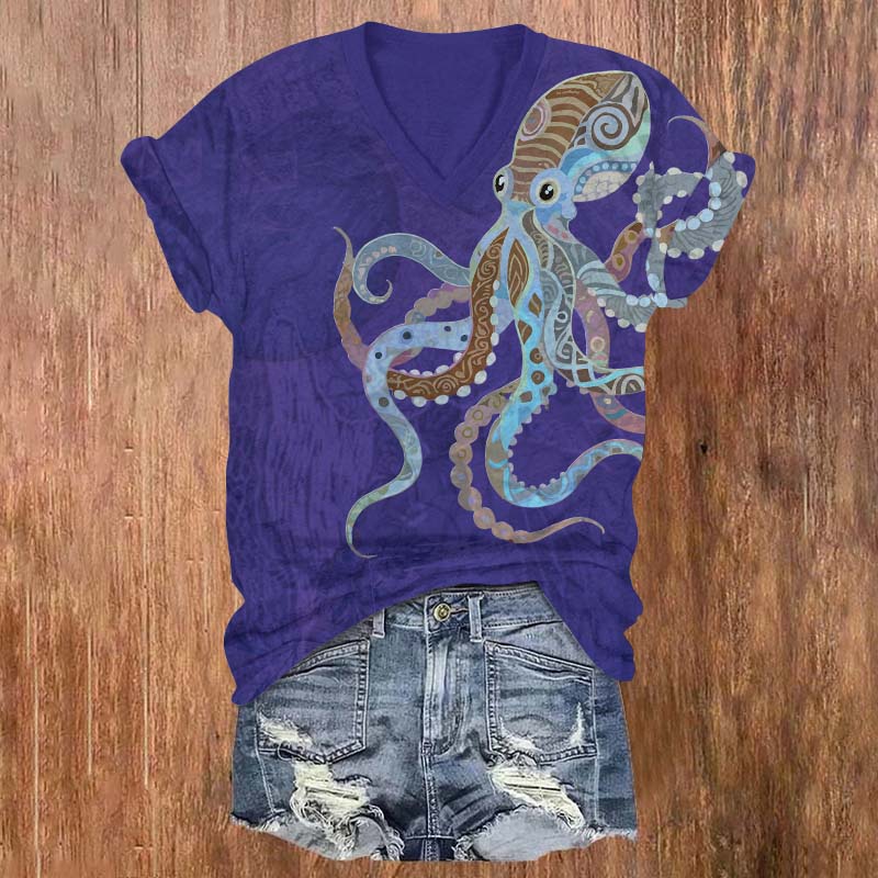 Vintage Ethnic Pattern Octopus Print V-neck T-shirt - Purple - US32-34(5XL) - image 3