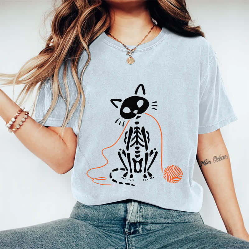 100% Cotton Women's Creative Skeleton Cat Playing Ball Of Yarn Art Print Casual T-shirt - Light Blue - 2XL - image 13