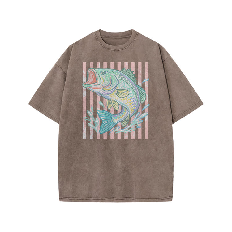 Vintage Bass Fish Graphic Print Acid Washed T-shirt - Coffee - US20-22(3XL) - image 3