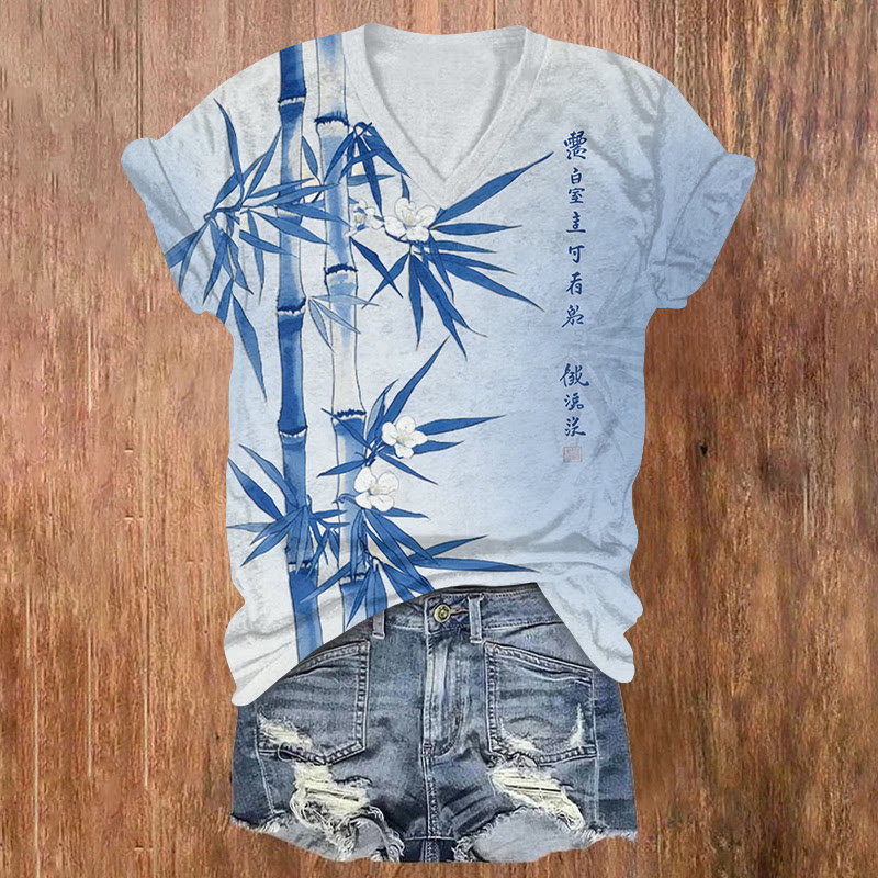 Vintage Flowers And Bamboo Pattern Print Short Sleeved V-neck T-shirt - Blue - US32-34(5XL) - image 3