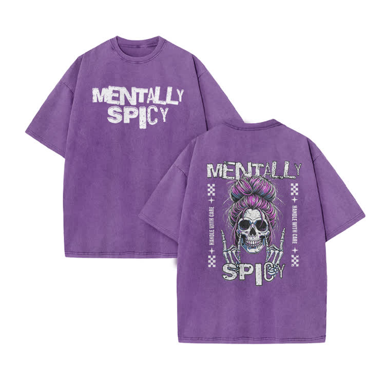 Mentally Spicy Skull Print Acid Washed T-shirt - Purple - US20-22(3XL) - image 5