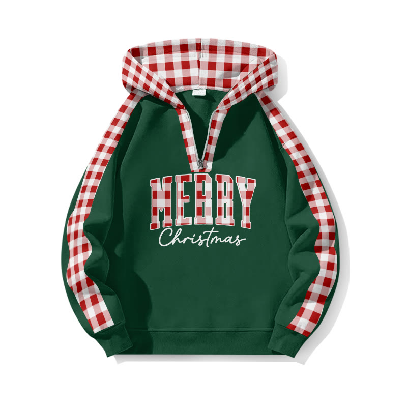 Merry Christmas Plaid Patchwork Print Half Zip Hoodie - Green - US32-34(5XL) - image 4