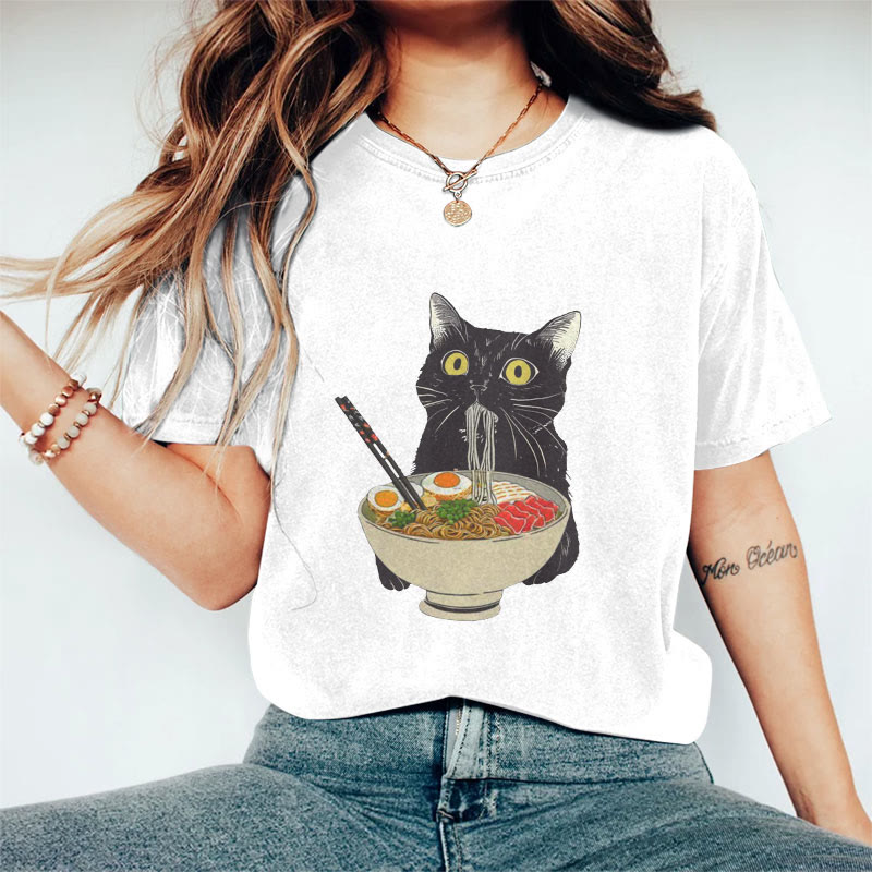 100% Cotton Ramen Cat T-shirt - White - 2XL - image 3